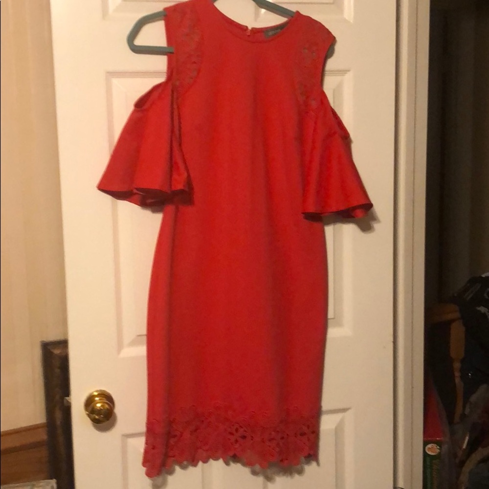 Donna Ricco 12 Scuba Red Orange Fitted Dress Lace